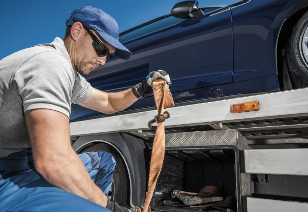 tow truck driver winching down a car on a flatbed tow truck